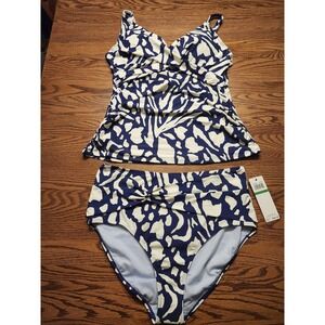 NWT Catalina Tankini Swimsuit Womens Tropical Floral Navy & Cream Ruched Large